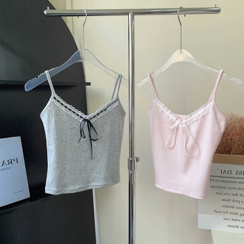 Vest Lace Sexy Women Elegant Sweet Lace Bow Camisole Tank Tops With Chest Pad Girls Slim Crop Tops Y2k Streetwear Spring Summer M260623