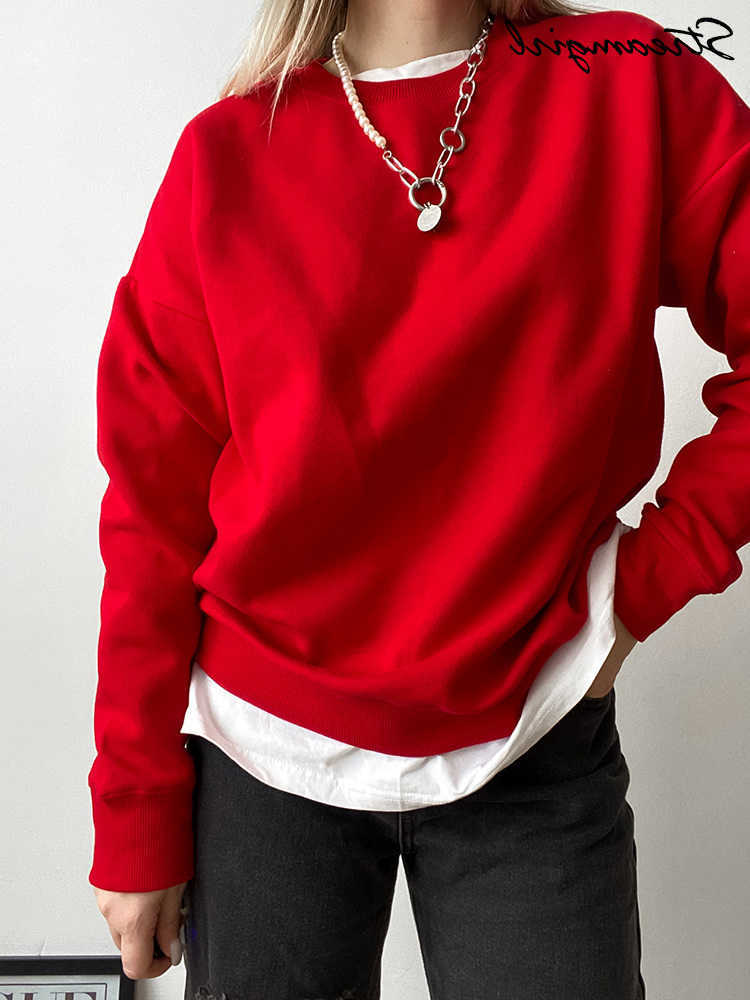 Felpe oversize autunnali donna pullover larghi in cotone felpa rossa O collo calda per donna abiti invernali oversize Fce L26