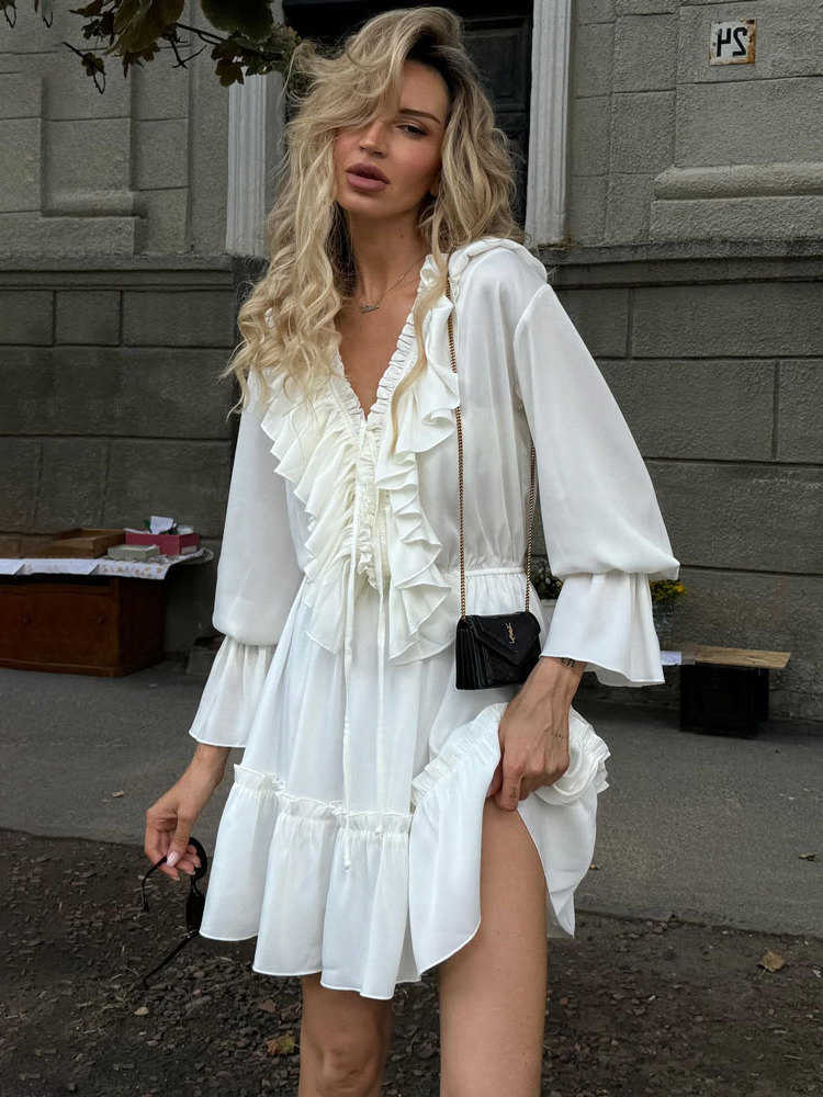 Tossy Ruffled V-Neck White Mini Dress Female Patchwork Long Sve Elegant Bandage Fashion Dress High Waist Lace-Up Women Dress L26