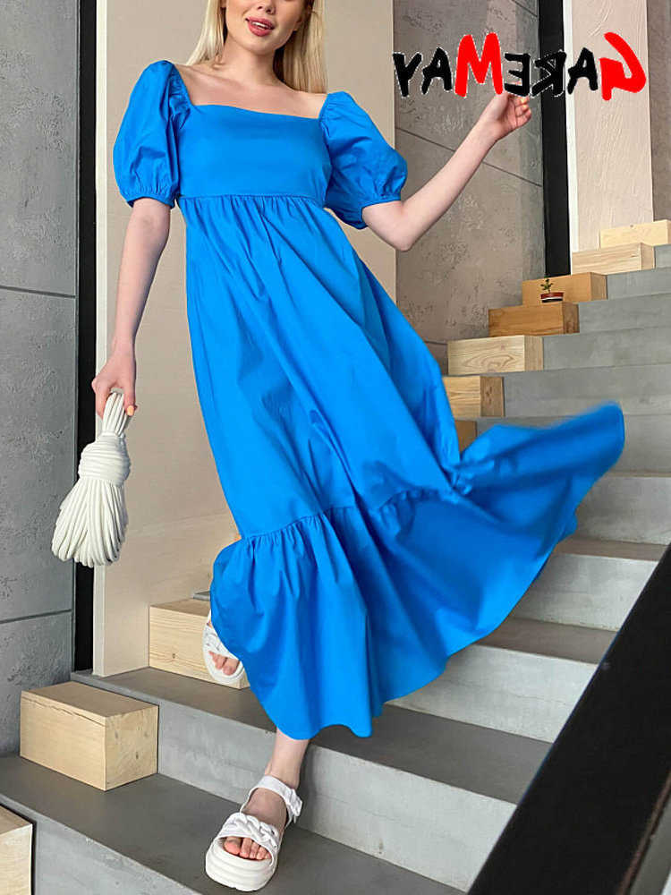 Royal Blue Womens Summer Maxi Dress 100 Cotton A-line Casual Female Midi Dress Long Vintage Elegant Dresses for Women 2025 L26