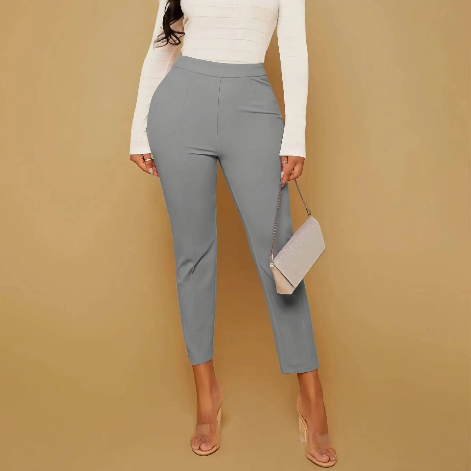 Womens Gray High Waist Dress Pants Slim Fit Ankle Length Pleated Front Spring Summer Fashion Casual Versatile Office Trousers 260623banjia