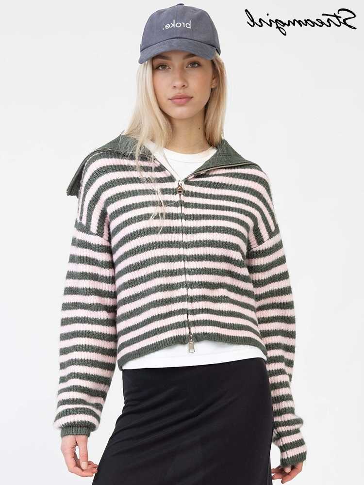 Streirl Brown Zipper Up Sweaters For Women Winter Warm Knitwear Striped Pullovers Ladies Zipper Cardigans Women Knit Sweaters L26