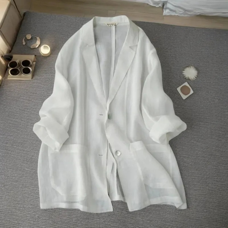 Womens Chinese Style Linen Blazer Notched Lapel Single Breasted Lightweight Sun Protection Jacket For Spring And Fall 260625