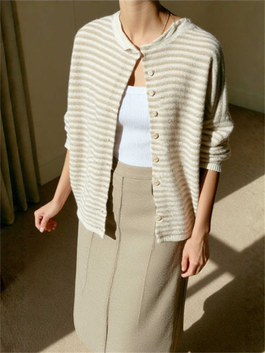 Womens Sweater Striped Button Down Cardigan Knit Tops Outerwear Casual Loose Long Sve Fall Tops Knitwear L26