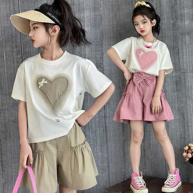 2026 New Summer Korean Style Girls Outfit Cute Heart Print T-shirt Bow Knot Pants Casual 2Pcs Clothing Set for 5-14Y Teen Kids X260623