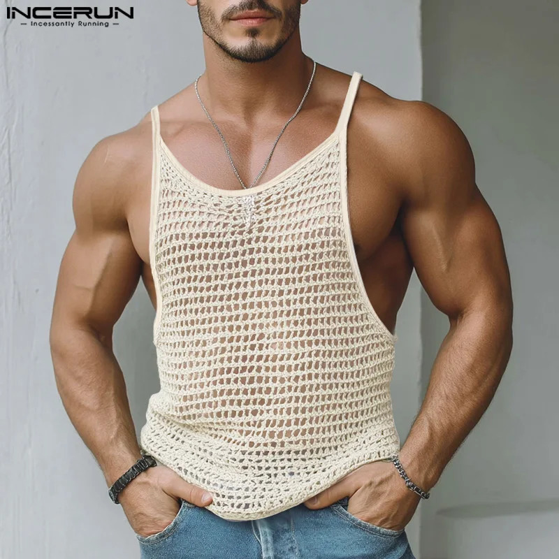 INCERUN Men Tank Tops Mesh Sleeveless Hollow Out Casual Male Vests Streetwear Solid See Through Summer Sexy Clothing 260623