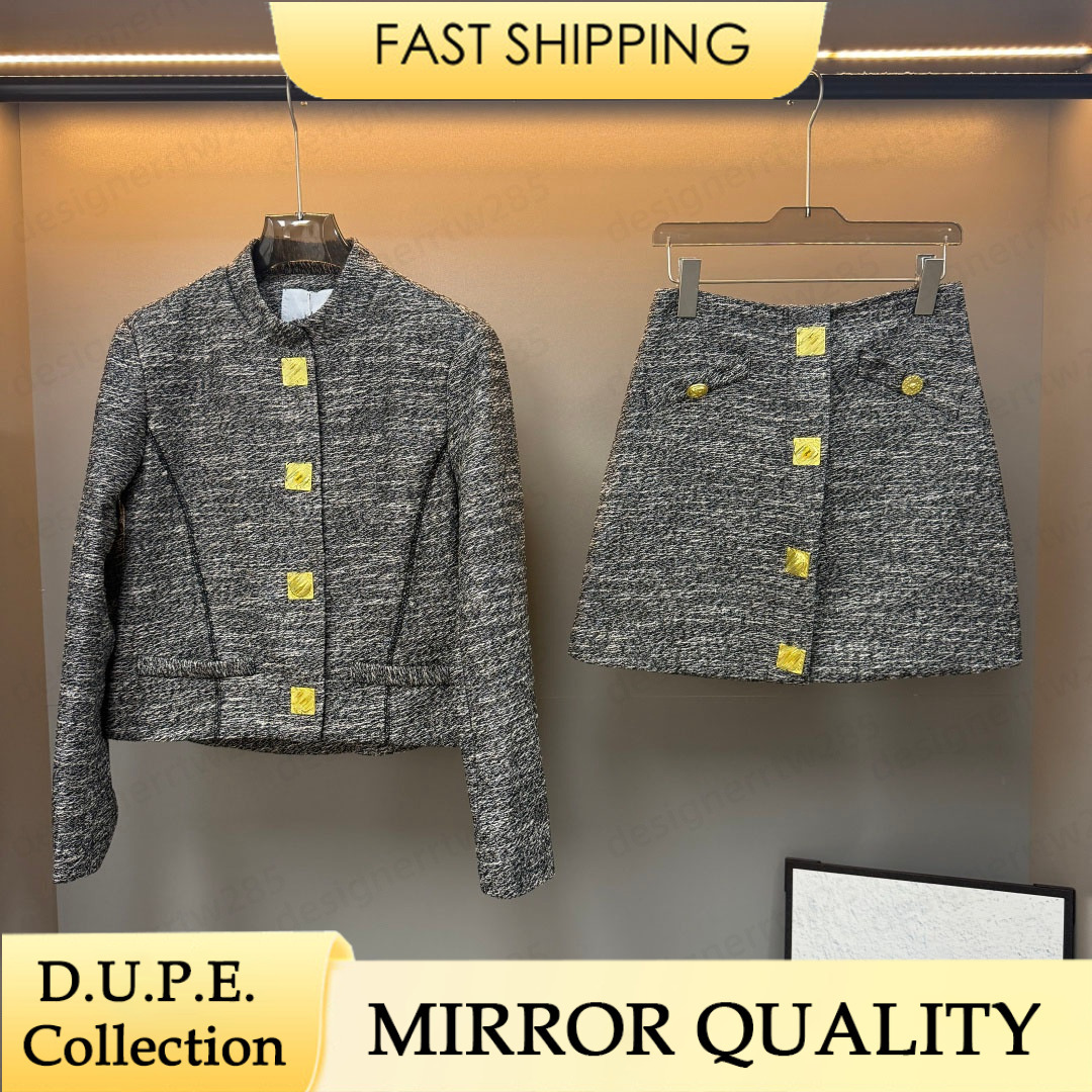 Designer Tweed Skirt Set Black White Two Piece Outfits Women Luxury Brand Gold Button Jacket Casual Short Skirts Co-ord Sweatsuit Sets-image-1111918256