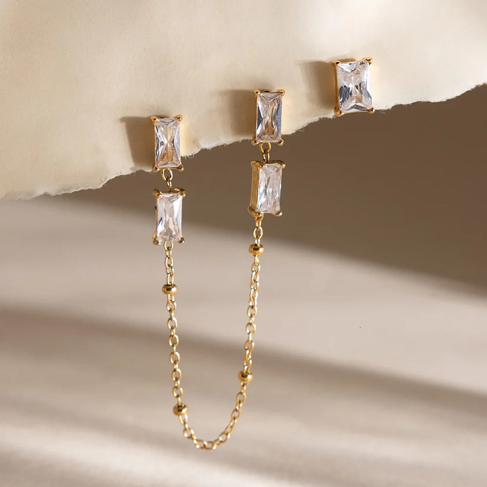 Pendientes colgantes de circonita cúbica cuadrada pequeña con cadena de acero inoxidable, pendientes geométricos con borla de cristal, joyería de te