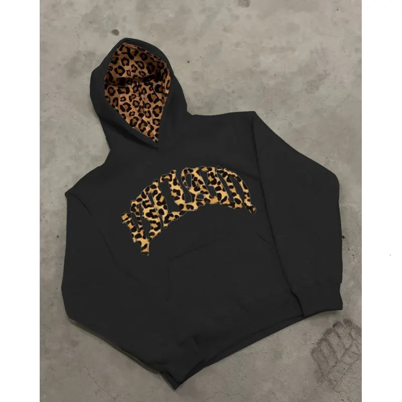 Felpa con cappuccio versatile casual europea e americana foderata Y2K con stampa leopardata e lettera ricamata per uomo e donna 260605