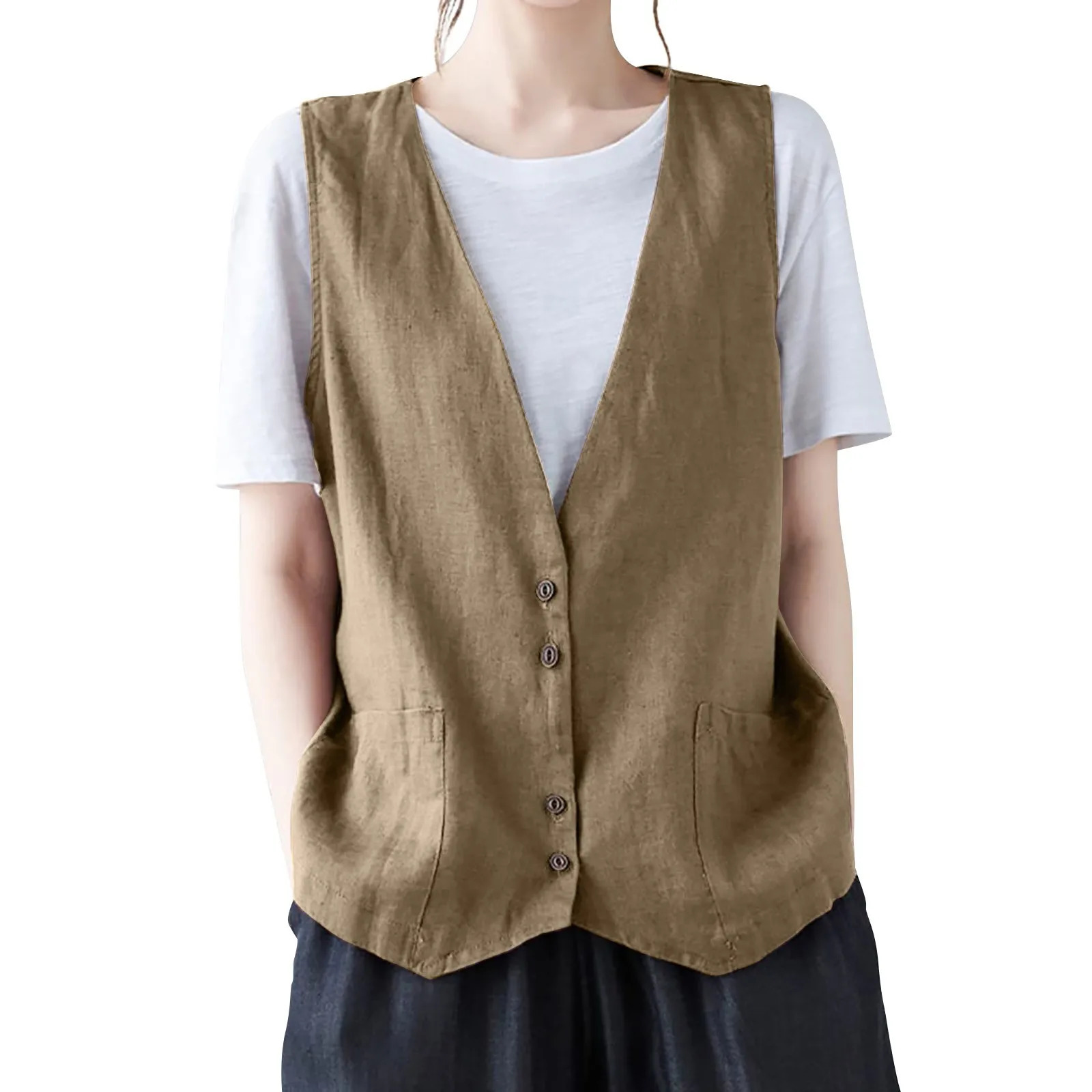WomenS Cotton Linen Vests Spring Summer Casual Button Down V Neck Waistcoat Jackets Daily Commute Matching Fashion Simple 260623