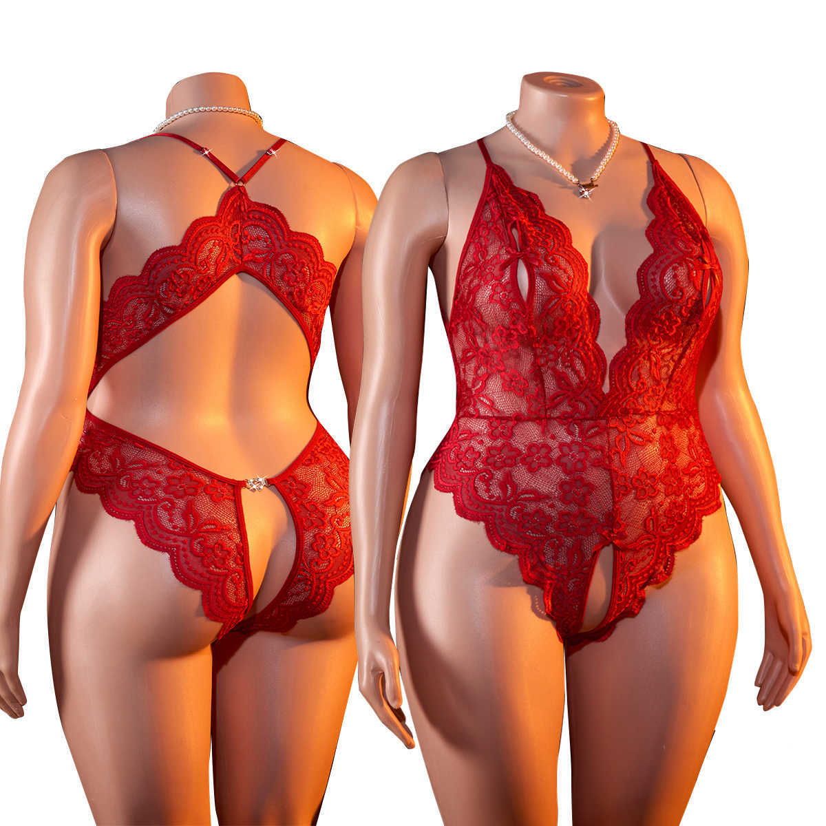 Size Plus Sexy Crotchless Lingerie Women Lace Hollow Bodysuit Erotic Pajamas Teddy Babydoll Dress Deep V Open Bra Underwear Set D260623