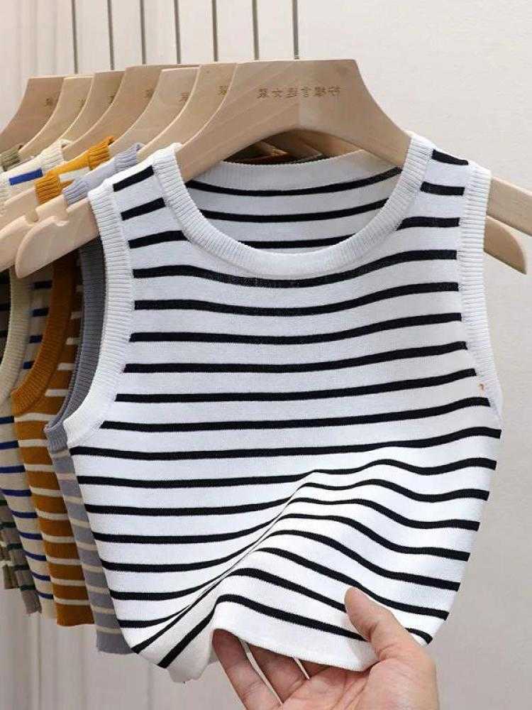 T-Shirts Summer Sleeveless 2026 Knitted Crop Tops Spring Striped Women Tank Tops Female Elastic Slim Casual Vests Camis M260623