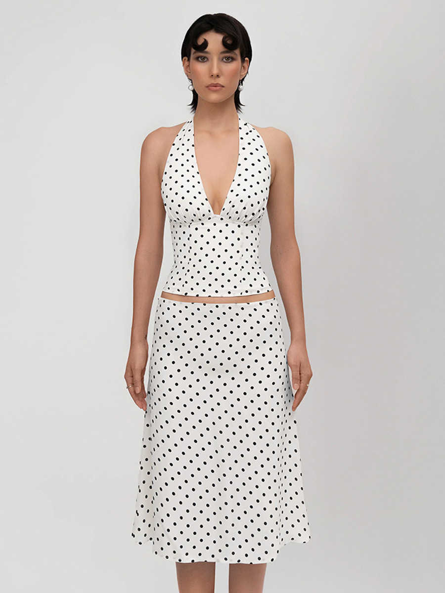 Wolfeel Summer New Dot Skirt Set Polka Womens Retro Hot Style Lace-Up White Sexy Halter Top Low-Waist Skirt L26