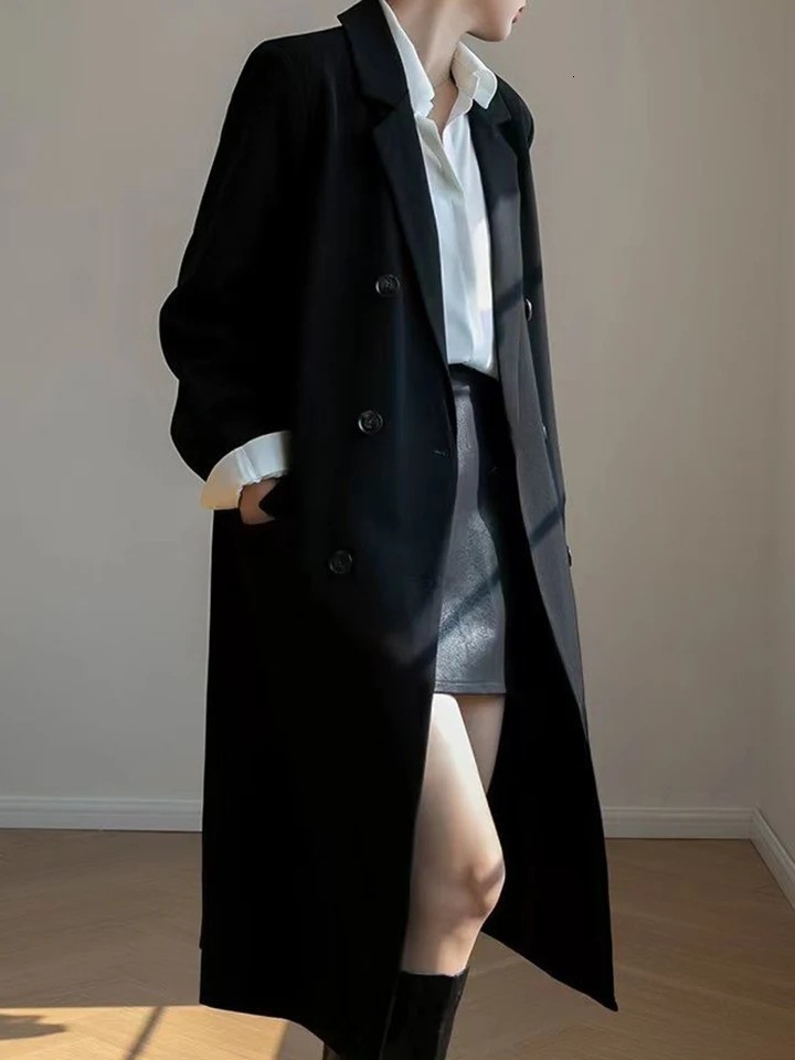 Vintage Elegant Midi Blazers Women Solid Simple Korean Loose Office Lady Suit Coats Spring Fall Aesthetic Casual Button Outwear 260625