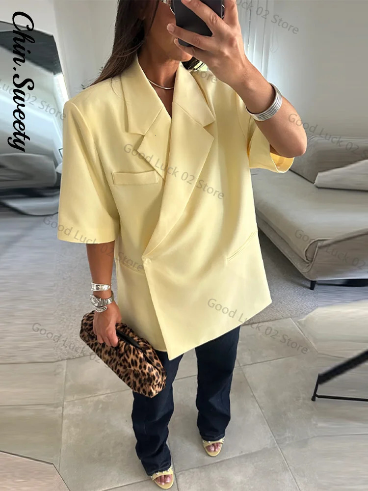 Casual Womens Blazer Coat Short Sleeve TurnDown Collar Pocket Solid Lady Coats Summer Autumn Female Street Outwear 260625