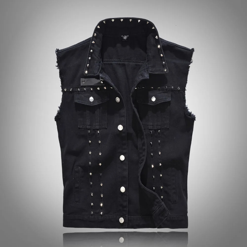 Vests Men Denim Jacket Rivet Spliced Coat Turn Down Collar Slim Fit Vest Sleeveless Coats Streetwear Pocket Button High Street 260623banjia