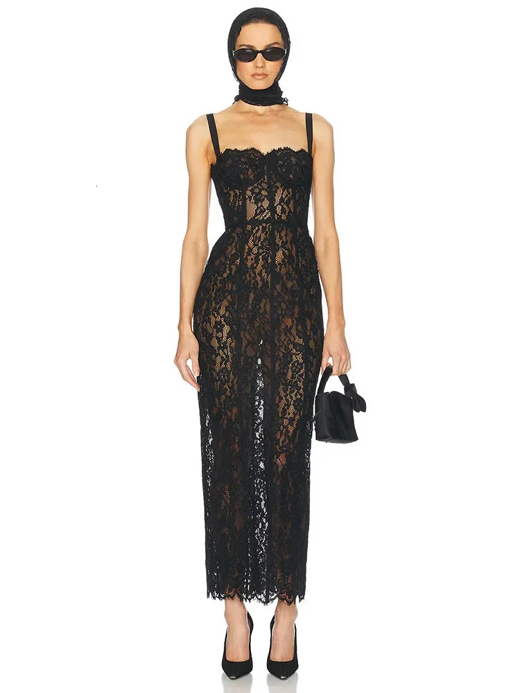 Sexy Spaghetti Strap Square Neck Lace Long Dress Women Black Floral Lace Sleeveless Bodycon Dresses Elegant Evening Celebrity 260622