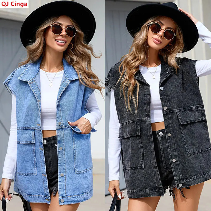 Womens Blue Sleeveless Denim Jacket for Spring and Summer Black Coat Stylish Loosefitting Casual Top 260623banjia