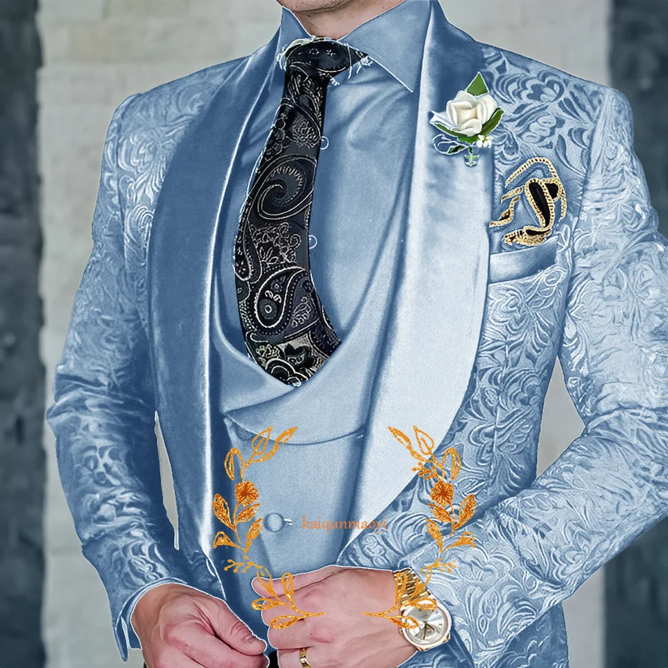 Jacquard Elegant Mens 3 Piece Suit Set Wedding Groom Tuxedo Jacket Pants Vest Formal Party Dress XS-5XL 260623