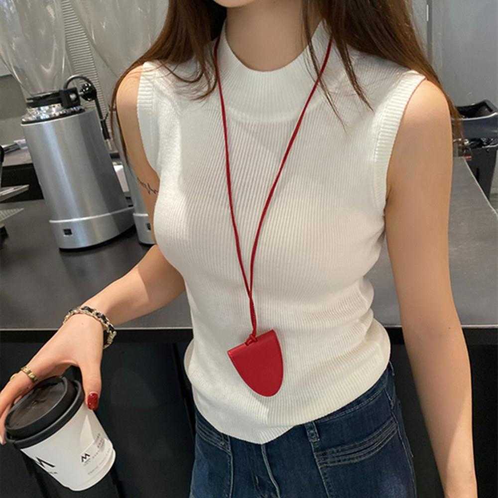 Womens Vest Knitted Tank Hot Top Solid Color Slim Sweater Half-turtleneck Spring Autumn Sleeveless T-Shirt Cropped Top Camisole M260623