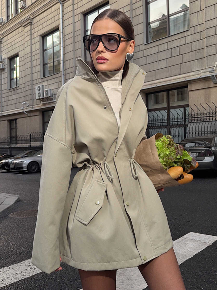 Bornladies Womens Stand Collar Mid length Trench Coat Drawstring Waist New Autumn Winter Coats Cotton Outer Jacket L26