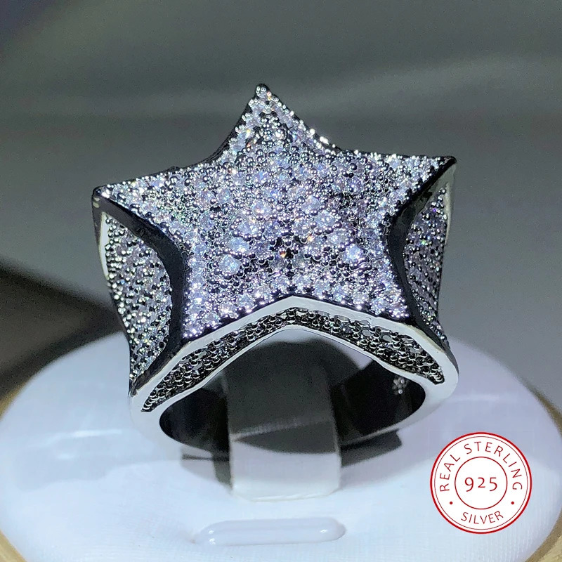 925 Silver High Quality Hip Hop Big Five Star Ring For Women Pave Setting Zircon Ring Party Cookic Jewelry Gift 260618