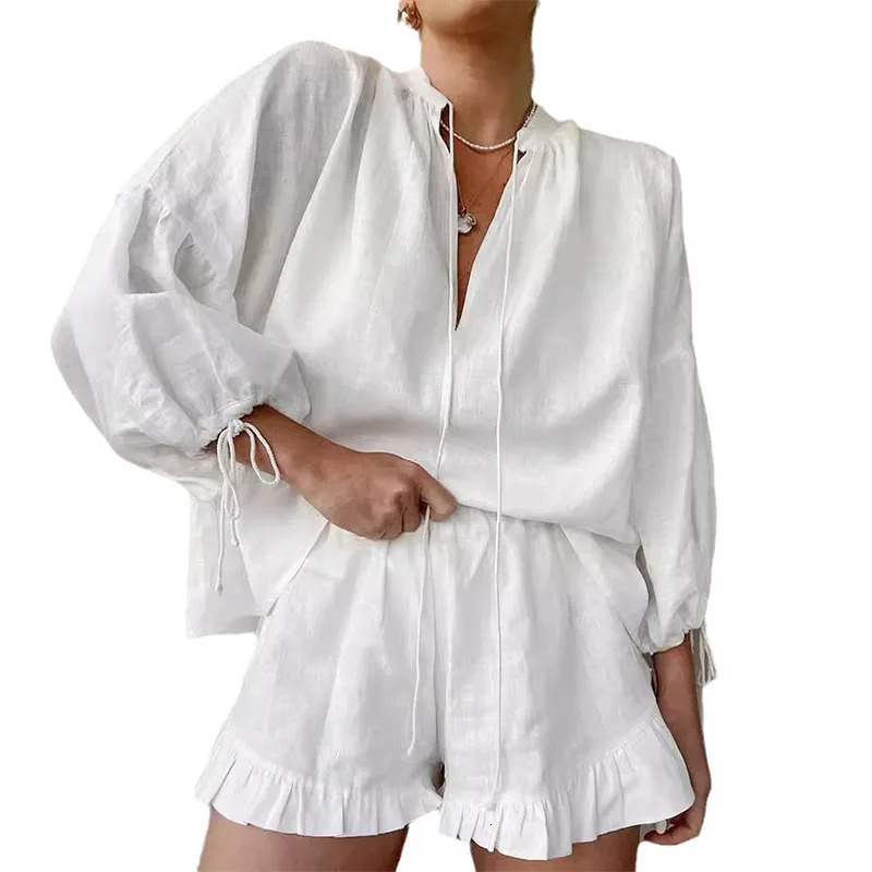 Summer Womens Suit 2piece Sets For Women Long Puff Sleeves Blouse Loose Vneck Lace Up Outfits Ruffle Shorts Beach 260616