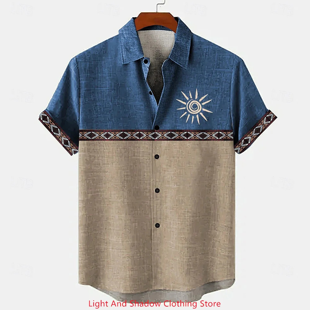 Mens retro linen shirt summer short sleeved patchwork pattern printed short sleeved top button up shirt ethnic clothing 260623