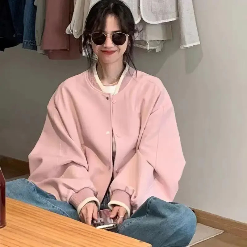 Pink Baseball Jacket Womens Loose Casual Thin Spring n Versatile Top College Style Korean System Lightweight Polyester 260622