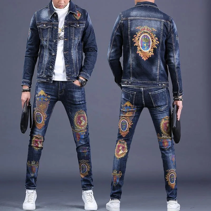 Spring and Autumn Mens Denim Suit Fashion Slim Pants Casual Jacket 260623banjia