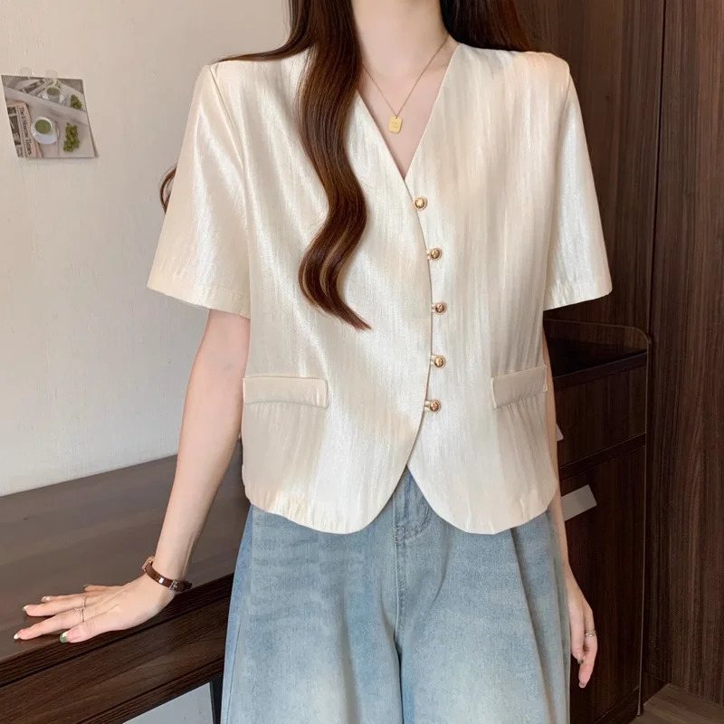 Korean Fashion Elegant Summer Womens VNeck Solid Single Breasted Simplicity Office Lady Loose Short Sleeve Blazers Tops 260625
