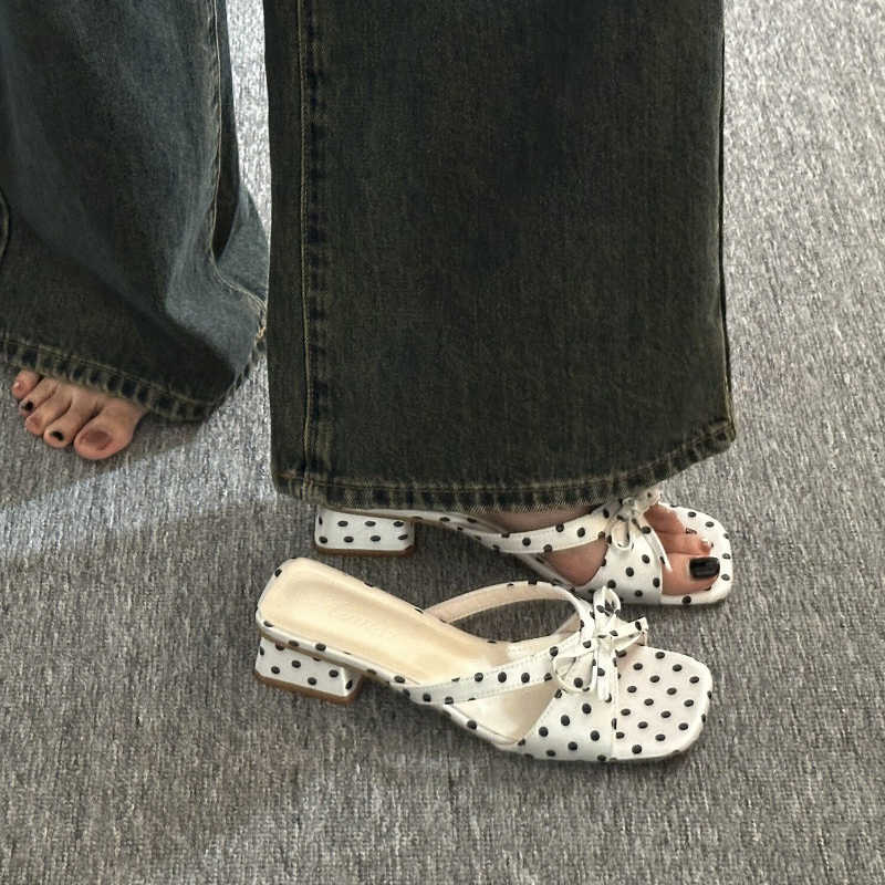 Women Polka Gladiator Dot Slippers 2026 Summer Thick Heel Mules Shoes Elegant Butterfly-knot Vacation Dress Sandalias T260623