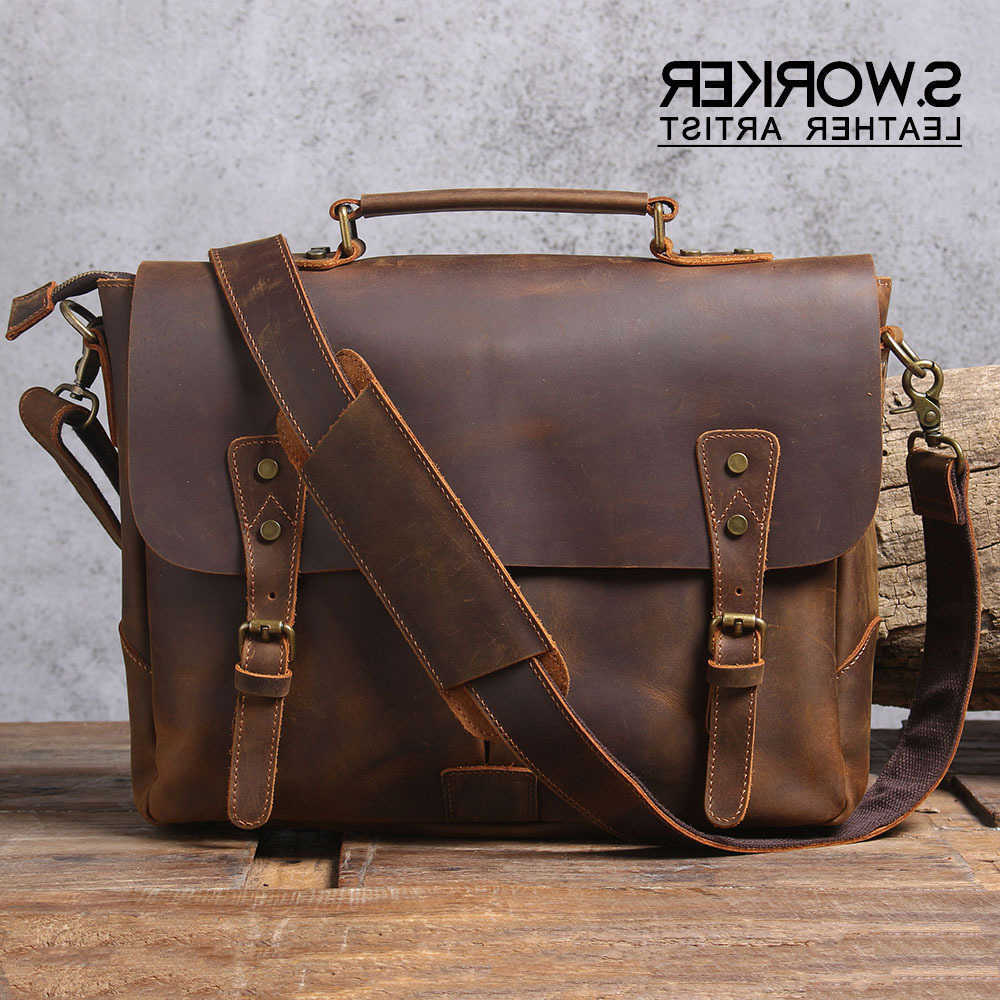 Vintage Genuine Leather Mens SWORKER Briefcase Laptop Messenger Bag Crazy Horse Leather Handbag Cowhide Casual Style H260623