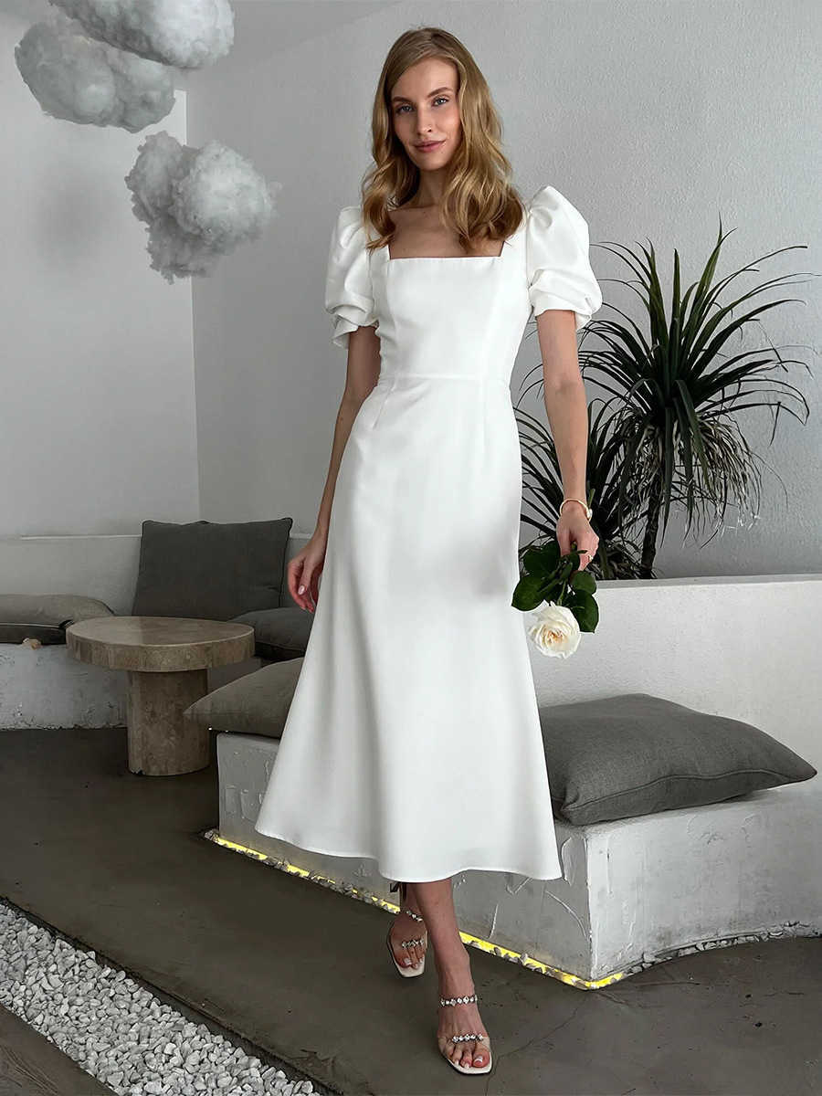 Wolfeel Womens 2026 Summer New Square Neck Short Sve Dress Elegant Fitted Slim Puff Sve Midi Dress L26