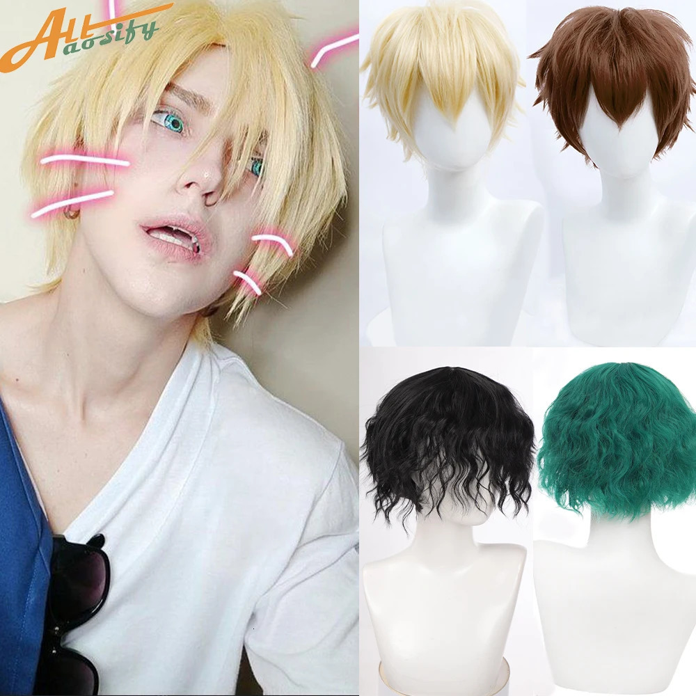 Synthetische Herren-Cosplay-Perücke mit Pony, kurzes, glattes, hitzebeständiges Haar, blond, schwarz, blau, weiß, Halloween, Anime-Cosplay-Perücken,