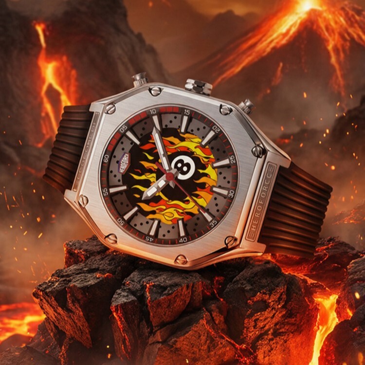 2026 Hot Trend Hip Hop 8 Ball Flame Chronograph Quartz Watch Silver Square Steel Case Black Rubber Strap Luminous Waterproof Street Racing Sport Men
