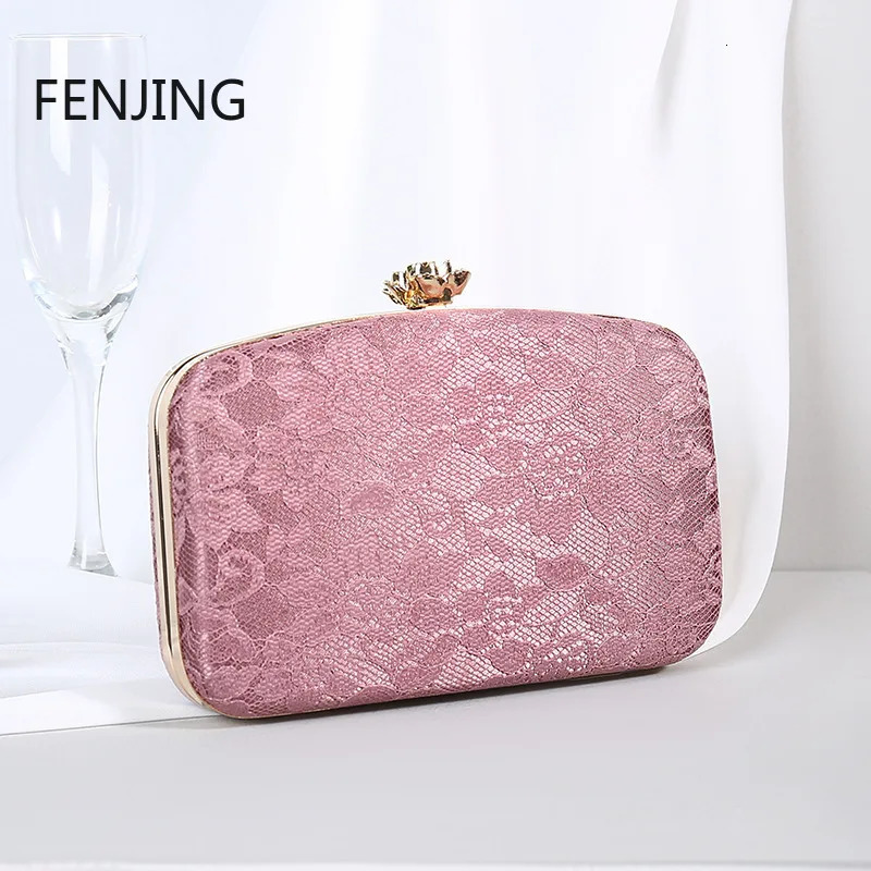 2023 Female Bag Pink Lace Evening Clutch Purse Handbags y ner Metal Rose Button Shoulder Chain Bride Wallet Bolsas 260612