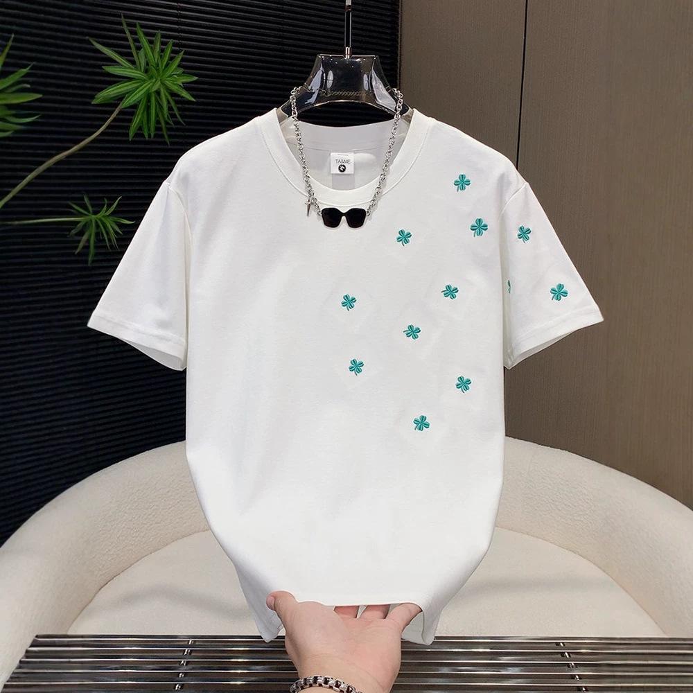 Men Casual Short Sleeve Crew Neck Shirt Comfort Thin Airy Cotton Delicate Floral Embroidery Detail Relaxed Silhouette Multiple Solid Shades Youth Mi