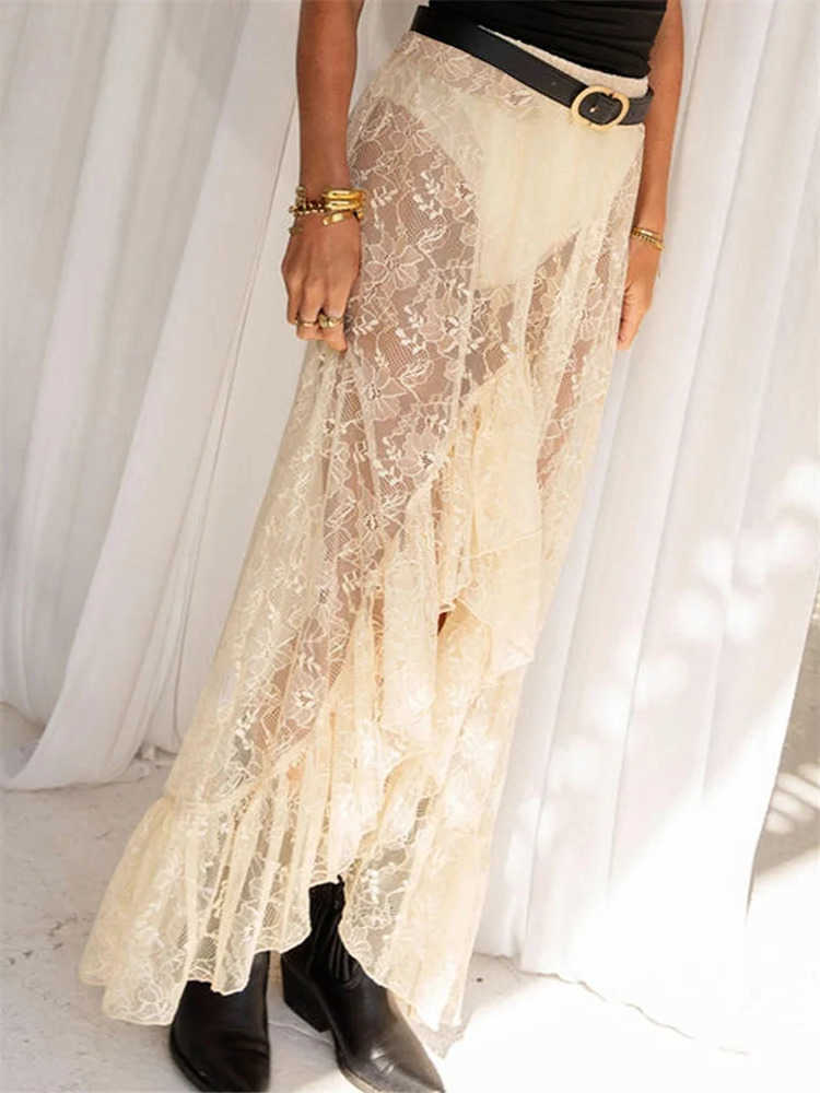 Women Sheer Lace Midi Skirts Elastic Waist Ruffle Frill Split Skirt See Through Summer Bohemian Retro Beach Sexy Streetwear L26