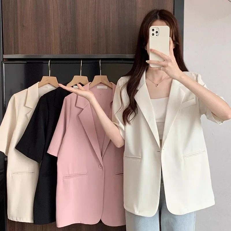 SMVP Shortsleeved Blazer Jacket Women Summer Chic Single Button Notched Collar Outwear Ladies Korean Loose Office Suit Coat 260625