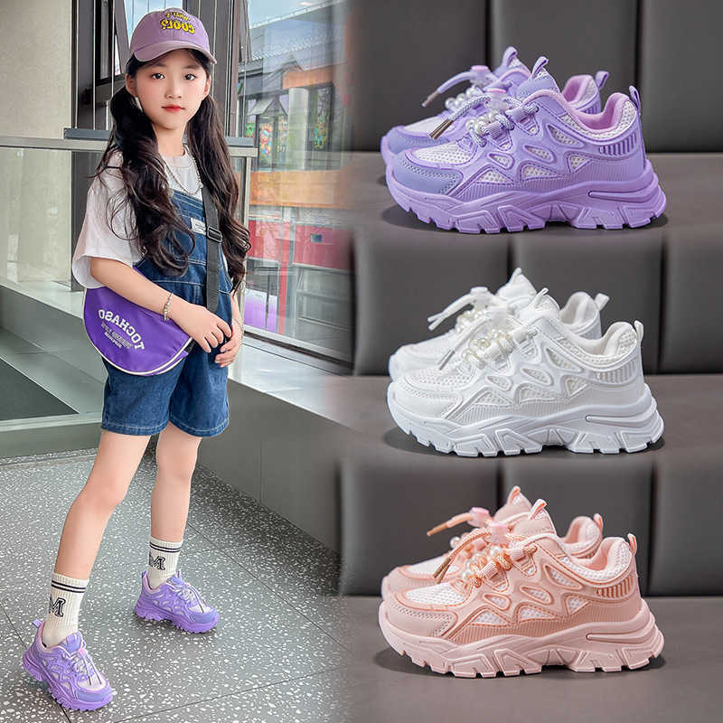 Sports Girls Shoes Spring and Autumn New Mesh Breathable Big Kids Casual Shoes Girls Dad Shoes Childrens White Sneakers S260623