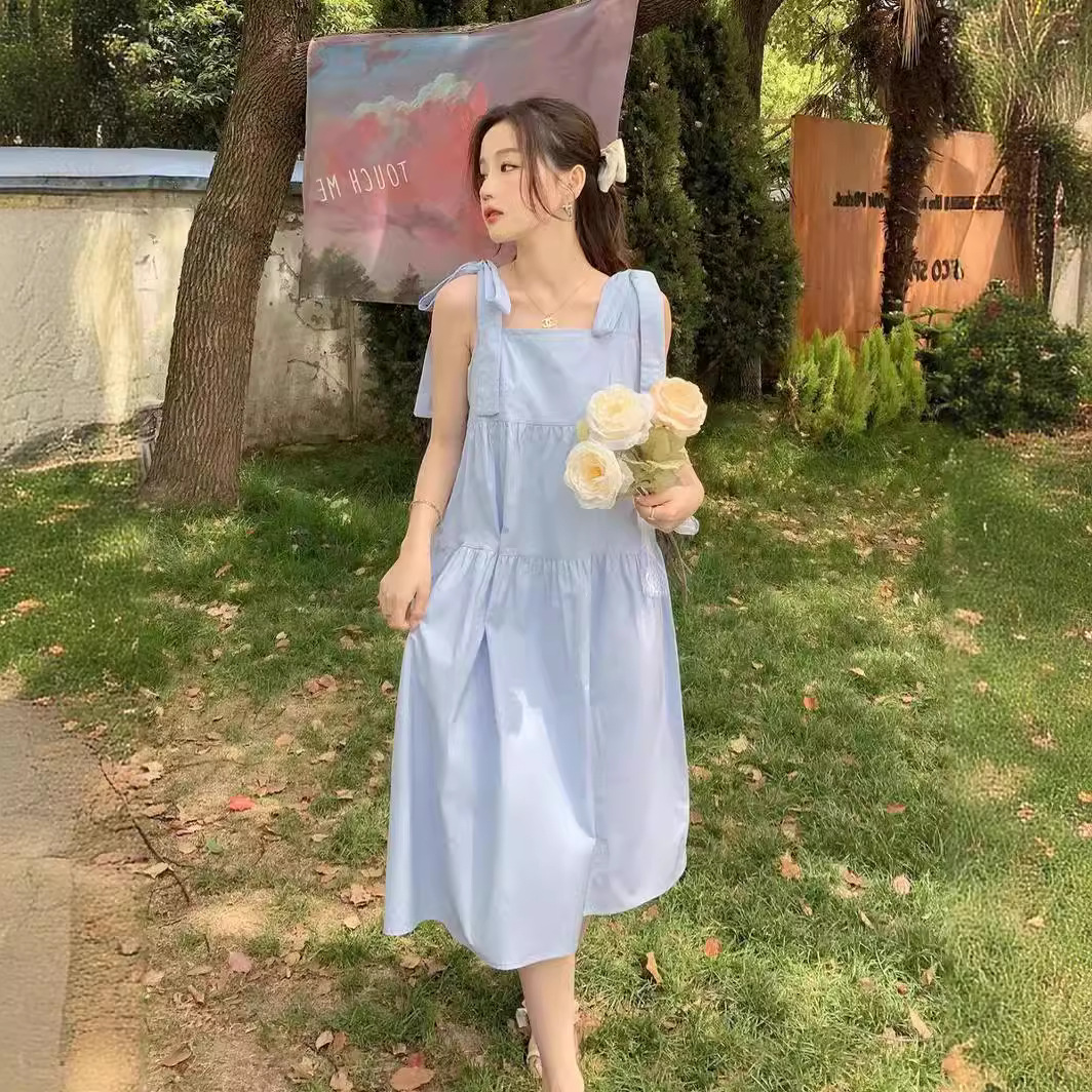 Q0434 Chic design bow suspender dress women's summer new Korean version loose salt sweet skirt