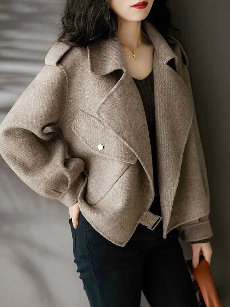Coat Womens Woolen Blends Long Slve Autumn Short Office Lady Collar Thick Winter Jackets for Women S260623