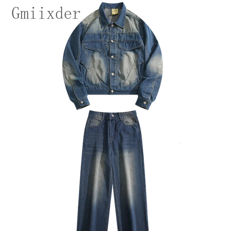 American Washed Denim Jacket Jeans Suit Fashion Mens Niche Handsome Loose Casual High Street Jackets Pants Set Male Clothes 260623banjia