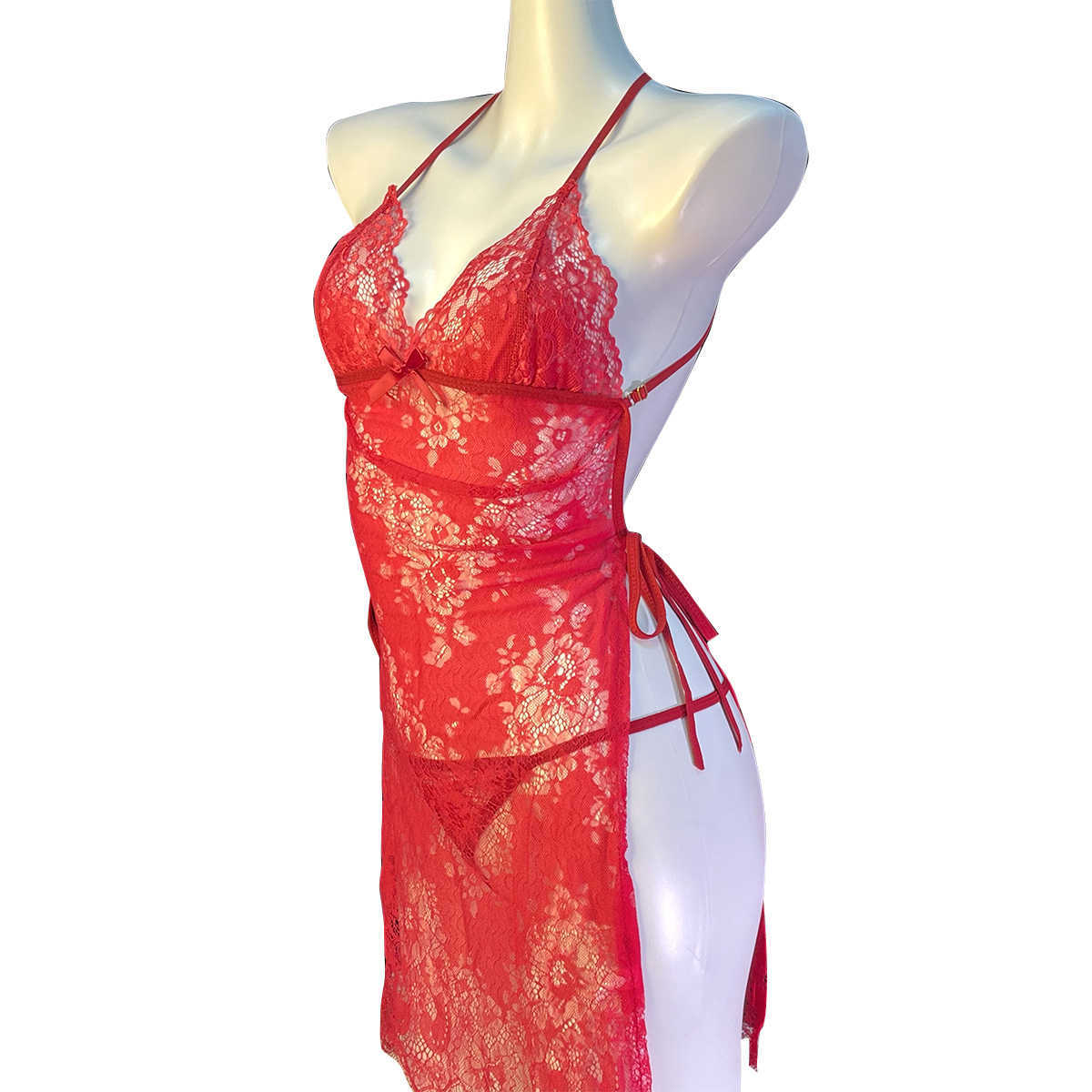 Intimo da donna Intimo di pizzo Costumi erotici trasparenti Abito sexy diviso rosso per indumenti da notte da donna per il sesso Camicia da notte ta