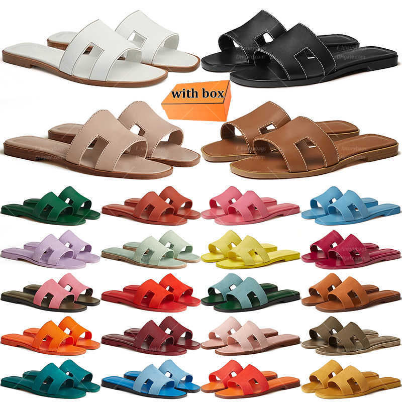 Slippers with box womens designer slippers flat slides summer beach sandals women slide white black brown leather sandal Embossed Leather Summer Mul