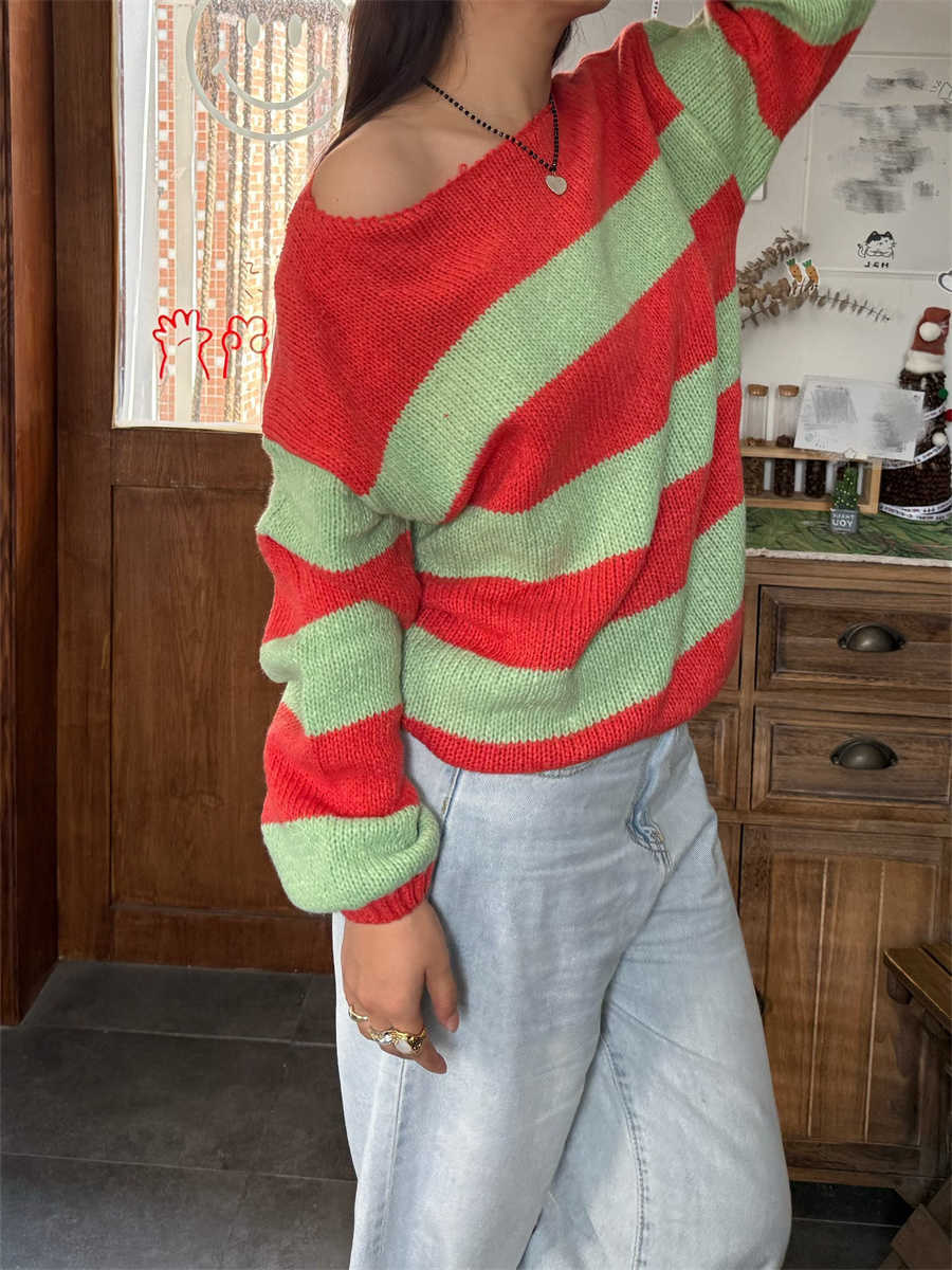 Fall Winter Womens Colorful Striped Sweater Loose Boat Neck Long Sve Knit Pullovers Tops Knitwear Streetwear L26