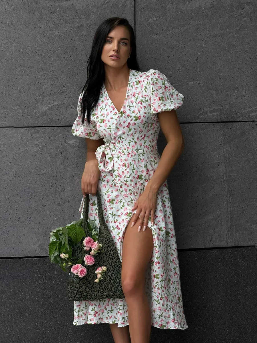Bornladies Womens 100 Cotton A-Line Midi Dress Summer 2025 Floral Jacquard Elegant Beige Flowy Long Dress for Women L26