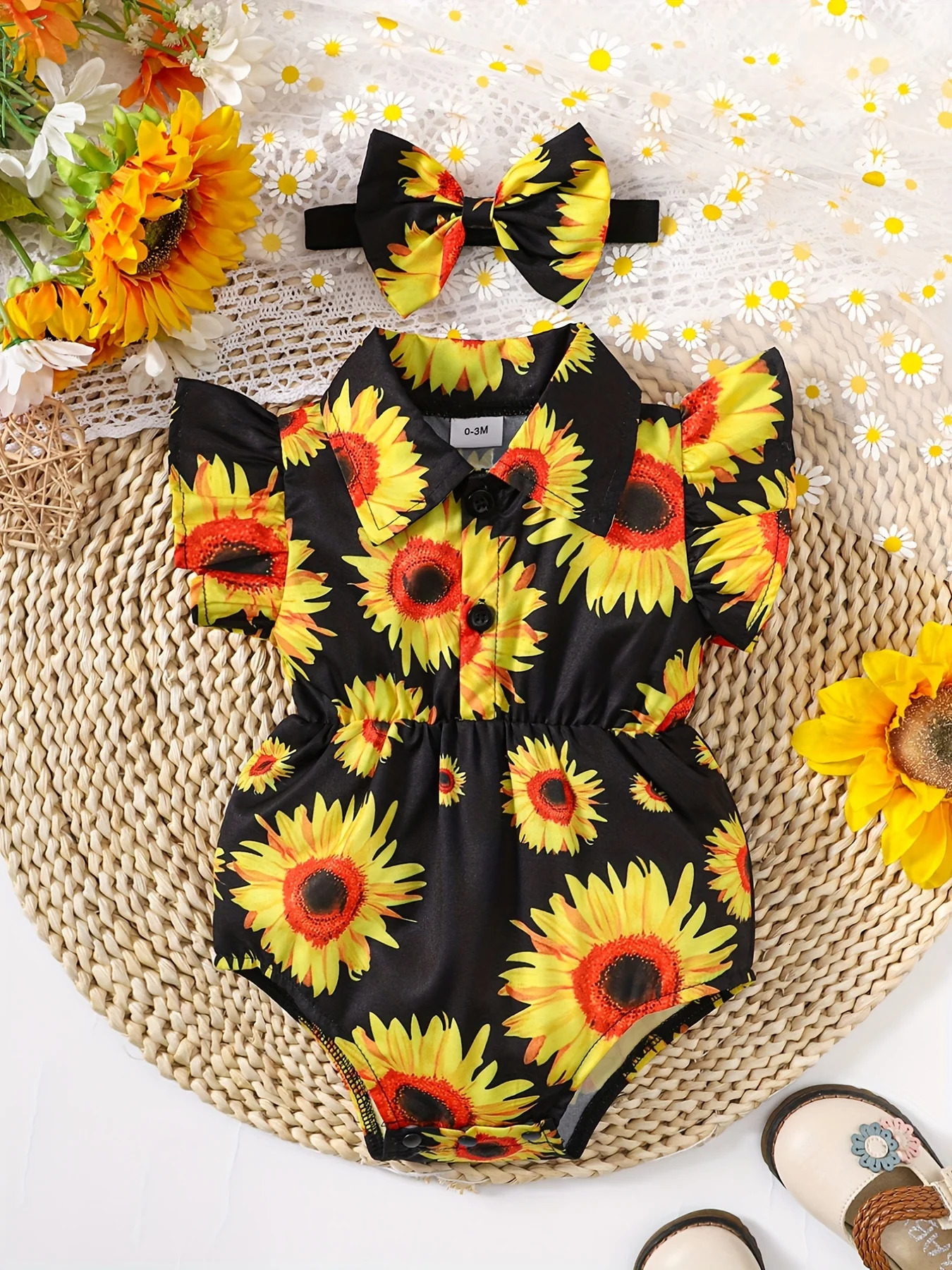 Bebé y niño pequeño que venden un conjunto informal sin mangas de mameluco de una pieza con diseño de girasol y gorro 260623