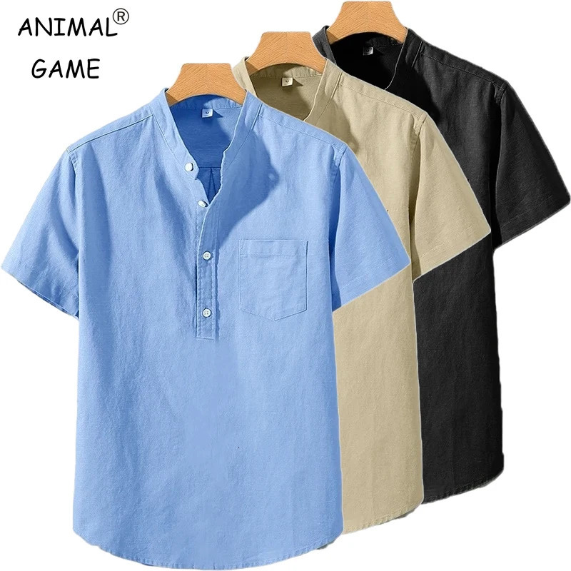 Mens Short Sleeve T Shirts Solid Color Stand Up Collar Shirt Summer Trendy Breathable Loose Youth Basic Cotton Pocket Top 260623